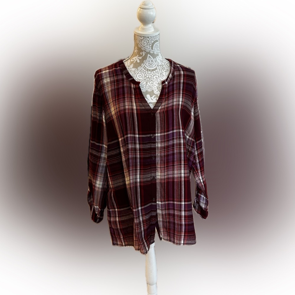 Erika Burgundy Plaid Button Down Shirt with roll up sleeves